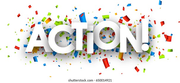 Action paper banner with color confetti, French. Vector illustration.