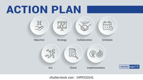 Action Plan Banner Web Icon For Business And Marketing. Objective, Strategy, Collaboration, Schedule, Plan And Implementation. Minimal Vector Infographic.