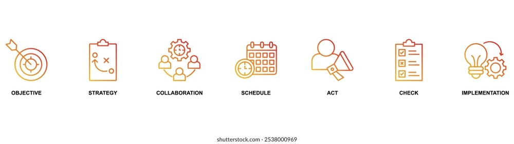 Action plan banner web icon vector illustration concept with icon of objective, strategy, collaboration, schedule, act, launch, check, and implementation