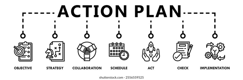 Action plan banner web icon vector illustration concept with icon of objective, strategy, collaboration, schedule, act, launch, check, and implementation