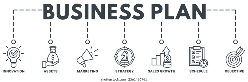 Action plan banner web icon vector illustration concept with icon of innovation, assets, marketing, strategy, sales growth, schedule, objective 