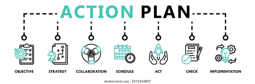 Action plan banner web icon vector illustration concept with icon of objective, strategy, collaboration, schedule, act, launch, check, and implementation