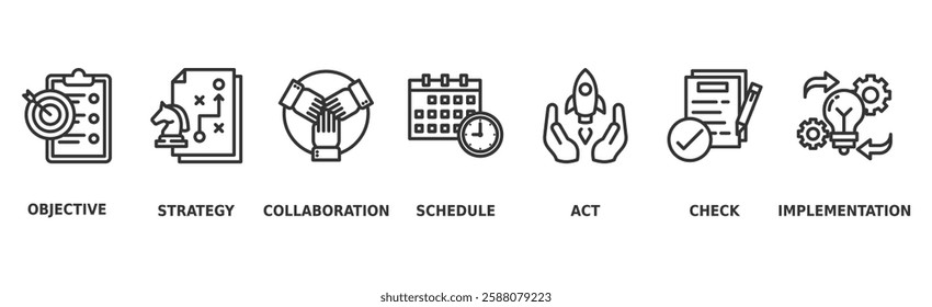Action plan banner web icon vector illustration concept with icon of objective, strategy, collaboration, schedule, act, launch, check, and implementation