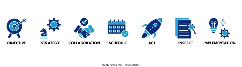 Action plan banner web icon vector illustration concept with icon of objective, strategy, collaboration, schedule, act, inspect, and implementation