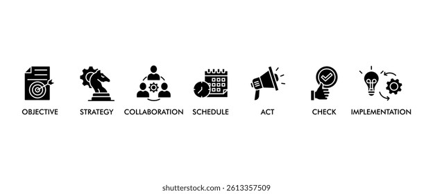 ACTION PLAN banner web icon vector illustration concept with icon of objective, strategy, collaboration, schedule, act, launch, check, and implementation