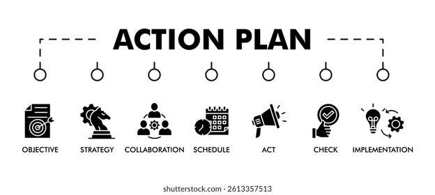 ACTION PLAN banner web icon vector illustration concept with icon of objective, strategy, collaboration, schedule, act, launch, check, and implementation