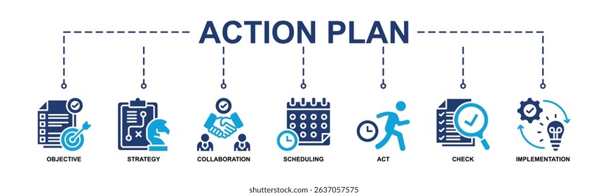 Action Plan Banner Web Icon Vector Illustration Concept With Icon Of Objective, Strategy, Collaboration, Scheduling, Act, Check, Implementation. Glyph Color Style