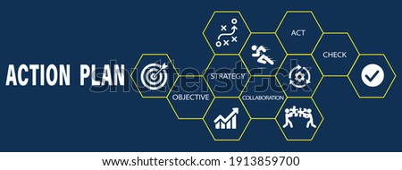 Action plan banner web icon for business and marketing. objective, strategy, Collaboration, check, and act. Minimal vector infographic.