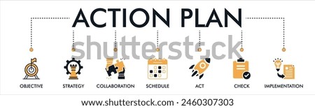 Action plan banner web icon vector illustration concept with icons of objective, strategy, collaboration, schedule, act, launch, check, and implementation
