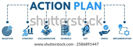 Action Plan banner web icon vector illustration concept with icon of objective,strategy,collaboration,schedule,act,check,implementation