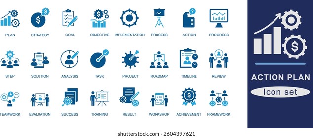 Action Plan best icon set. Plan, Strategy, Goal, Objective, Progress, Implementation, Process, Action, Project, Roadmap, Timeline, Task, Step, Solution, Analysis.