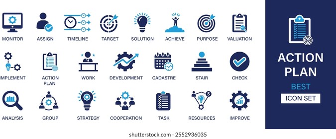 Melhor coleção de conjuntos de ícones sólidos do plano de ação. Monitore, atribua, cronograma, destino, solução, atingir, finalidade, avaliação, trabalho, grupo e ilustração vetorial.