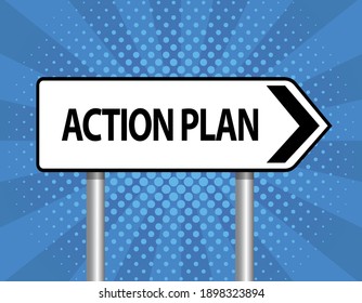 action plan, business concept, white pointing arrow sign, vector illustration