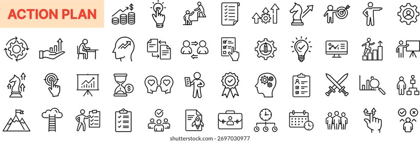 Plan de acción y diseño de íconos de línea de estrategia empresarial: establecimiento de objetivos, gestión del progreso, liderazgo, planificación de tareas, rendimiento e íconos de productividad