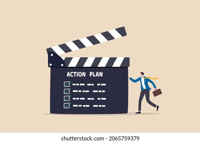 Action plan with checklist step by step of business implementation, procedure or strategy plan to finish project concept, businessman manager with director clapboard or slate listing action plan steps
