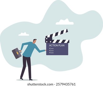 Action plan with checklist step by step of business implementation, procedure or strategy plan to finish project.business concept.flat character.
