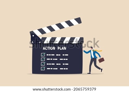 Action plan with checklist step by step of business implementation, procedure or strategy plan to finish project concept, businessman manager with director clapboard or slate listing action plan steps