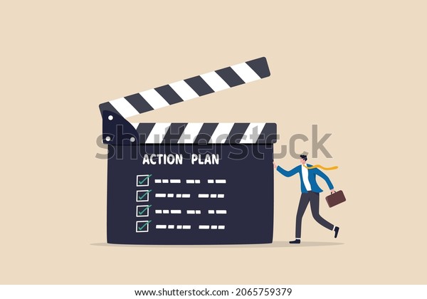 Action plan with checklist step by step of business\
implementation, procedure or strategy plan to finish project\
concept, businessman manager with director clapboard or slate\
listing action plan\
steps