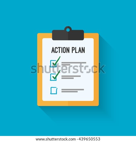 Action plan clipboard icon design over a blue background. Board goal check list icon. Vector flat style design with long shadow. Vector