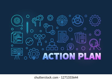 Action Plan colored outline banner. Vector horizontal illustration in thin line style on dark background