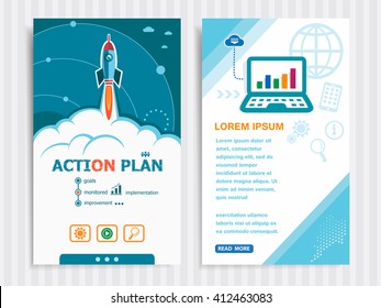 Action plan and concept background with rocket. Project Action plan concepts and Set of Banners. Vector Illustration. Eps10 Format.