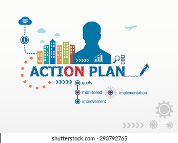 Action Plan concept and business man. Flat design illustration for business, consulting, finance, management, career.
