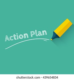 Action plan concept design with yellow pencil or marker. Vector illustration in flat style with long shadow.