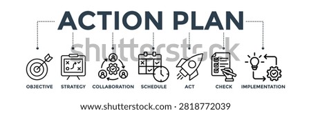 Action plan concept with icon of objective, strategy, collaboration, schedule, act, launch, check, and implementation
