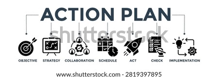 Action plan concept with icon of objective, strategy, collaboration, schedule, act, launch, check, and implementation
