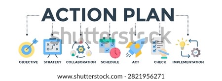 Action plan concept with icon of objective, strategy, collaboration, schedule, act, launch, check, and implementation
