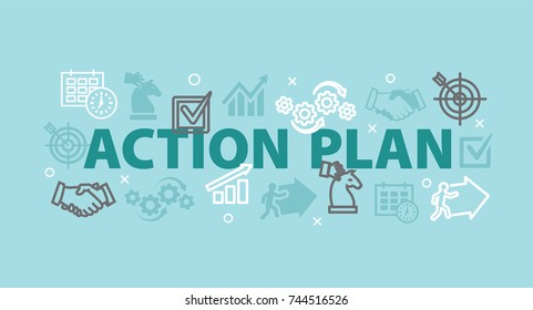 ACTION PLAN. Concept with icons and signs.
