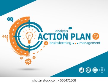 Action Plan Concept On Target Icon Background. Flat Illustration. Infographic Business For Graphic Or Web Design Layout 