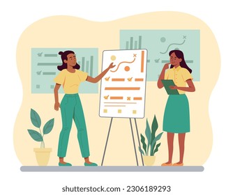 Action plan concept. Women stand near whiteboard and write goals. Planning and motivation, business vision. Presentation and report. Business winning strategy. Cartoon flat vector illustration