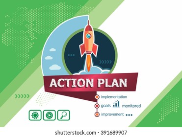 Action plan concepts for business analysis, planning, consulting, team work, project management. Action plan concept on background with rocket. 