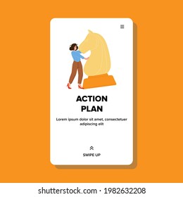 Action Plan Developing In Game Woman Player Vector. Businesswoman Thinking Action Plan With Horse Chess Figure On Chessboard. Character Playing Strategy Web Flat Cartoon Illustration