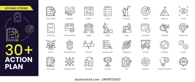 Aktionsplan editierbare Strichsymbole gesetzt. Strategie, Aufgaben, Ziel, Aktion, Planung, Zusammenarbeit, Aktionsplan, Überwachung, Verbesserung, Ziele, Mission, Vision, Strategie und Analyse. Vektorgrafik-Kollektionen