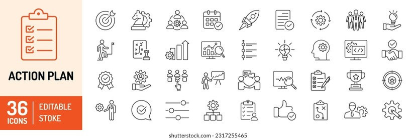 Action plan editable stroke outline icons set. Strategy, tasks, goal, action, planning, collaboration and analysis. Vector Illustration