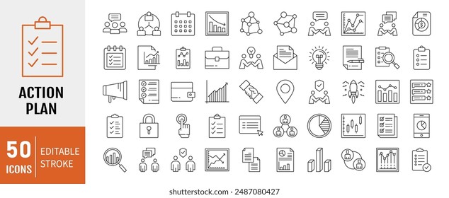 Action plan editable stroke outline icons set. Strategy, tasks, goal, action, planning and analysis. Vector Illustration