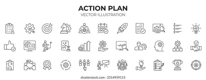 Conjunto de ícones editáveis de estrutura de tópicos de traçado do plano de ação. Meta, colaboração, estratégia, tarefas, ação, planejamento e análise
