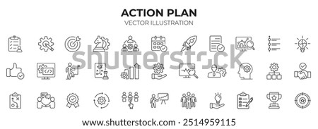 Action plan editable stroke outline icons set. Goal, collaboration, strategy, tasks, action, planning and analysis