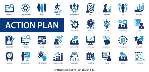 Conjunto de iconos planos del plan de acción. Objetivo, equipo, calendario, planificación, estrategia, análisis, tareas, planificación. Colección de iconos plana.