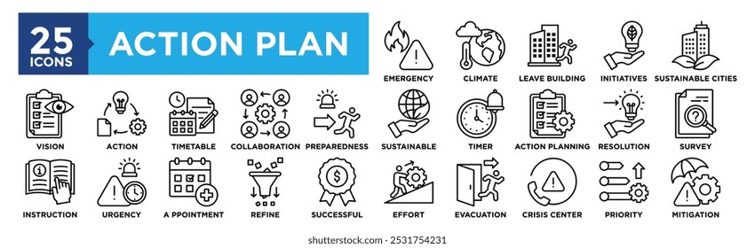 Conjunto de colección de iconos de Plan de acción. Conteniendo estrategia de diseño, Plan, negocio, éxito, gestión