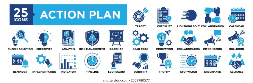 Action Plan icon collection set. Containing design strategy, plan, business, success, management	