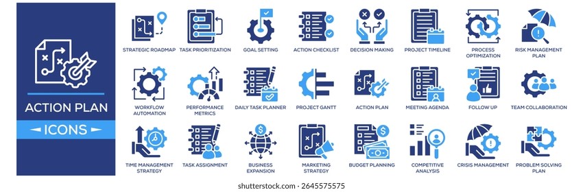 Action Plan icon collection set. Containing design Strategic Roadmap, Task Prioritization, Goal Setting, Action Checklist, Decision Making. Solid icon collection.