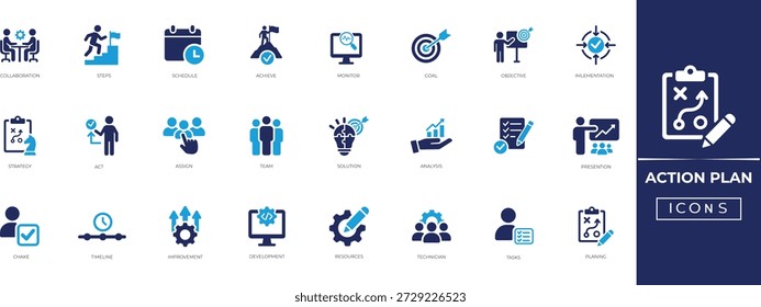Action plan icon set for business strategy, Goal, Achieve, Strategy, analysis, Monitor, resource, task management, goal tracking, and execution workflows. Solid icon collection.