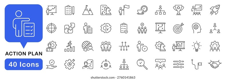 Action plan icon set. Business strategy icons in line style. Editable web icons for strategy, planning, analysis, collaboration, and action. Vector illustration.