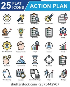 Action Plan Icon Set Collection. Containing Resources, creativity, Data Analysis, Implementation, start up, Statistics, Solution, Checklist, Self Management, Teamwork. Simple Flat Vector Illustration