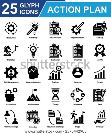 Action Plan Icon Set Collection. Containing Resources, creativity, Data Analysis, Implementation, start up, Statistics, Solution, Checklist, Self Management, Teamwork. Simple Glyph Vector Illustration