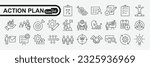 Action plan icon set. Containing planning, schedule, strategy, analysis, tasks, goal, collaboration and objective icons. Solid icon collection.
