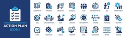 Action Plan Icon Set. Containing Planning, Schedule, Strategy, Analysis, Tasks, Goal, Collaboration And Objective Icons. Solid Icon Collection.